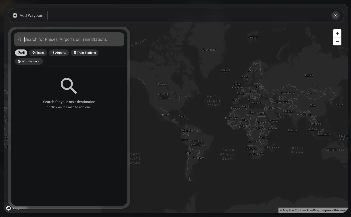 The Add Waypoint search box, ready to look up any place, airport, or train station worldwide
