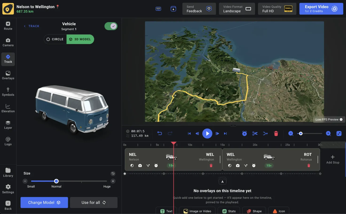 A 3D model leading the way along the route on the map, sitting correctly on the terrain as the journey plays