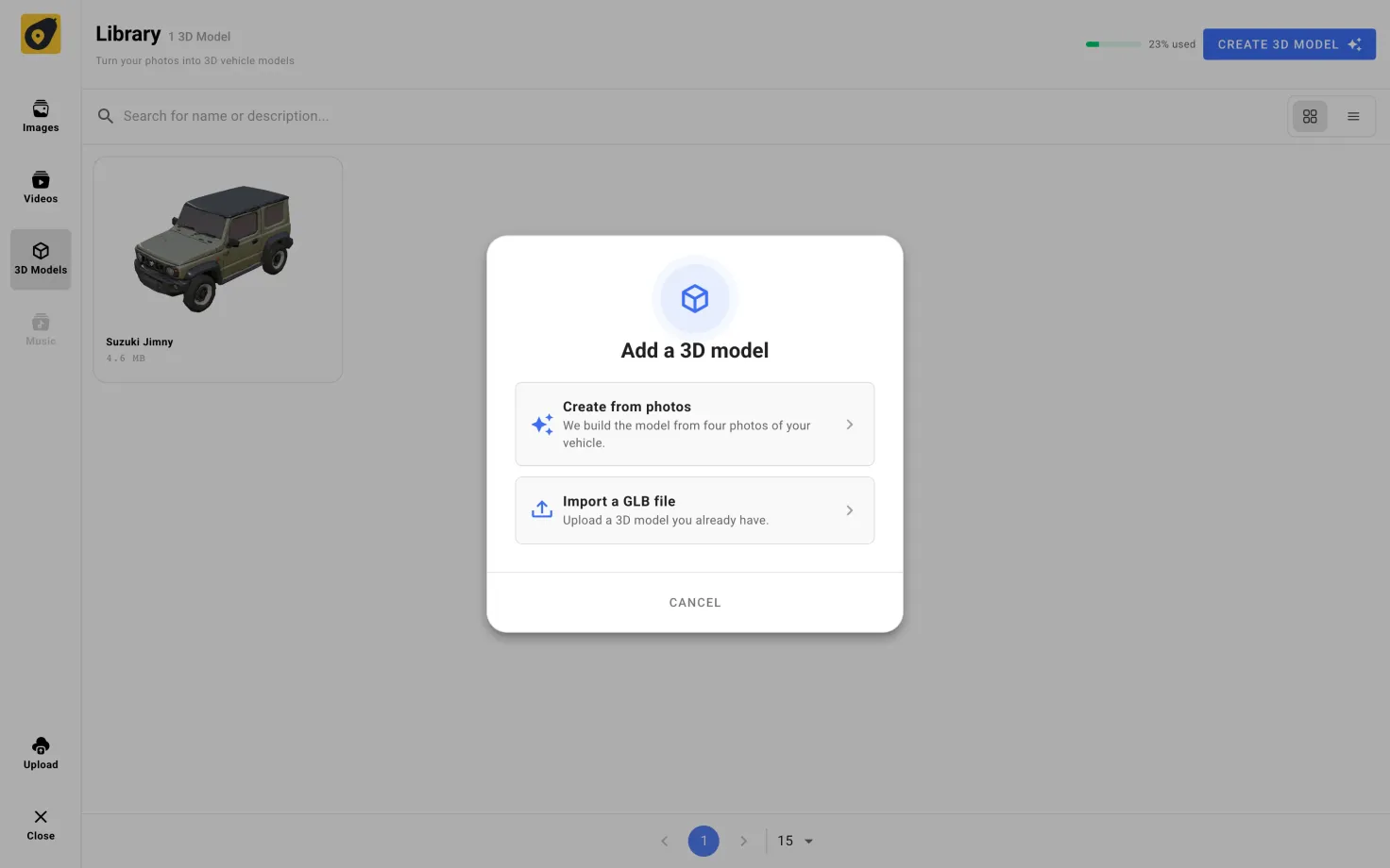 The 3D Models tab of the Library with the Add a 3D model dialog open, offering Create from photos and Import a GLB file