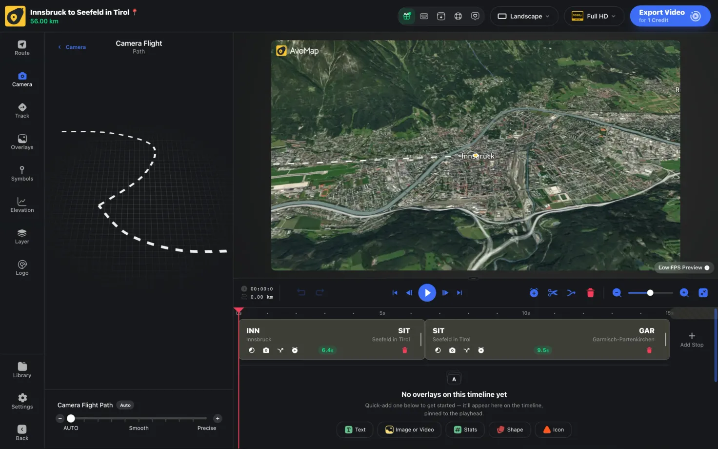 The Camera Flight Path control, sliding from Auto through Smooth to Precise, with a dotted line in the preview tracing the camera's planned path over the route