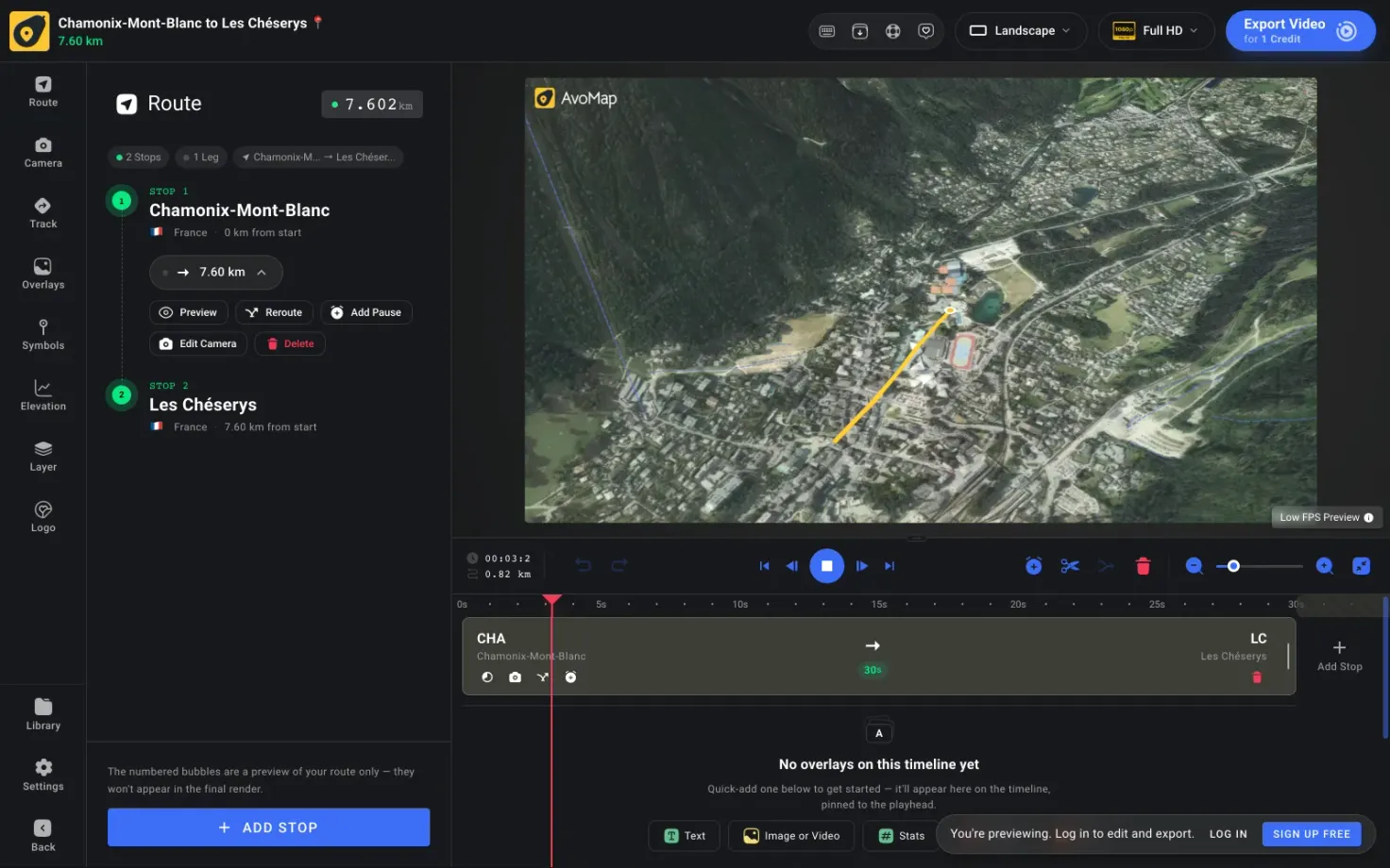 An imported hike open in the AvoMap editor in preview mode, the route drawn over 3D satellite terrain, with a bar along the bottom offering log in or sign up to keep editing