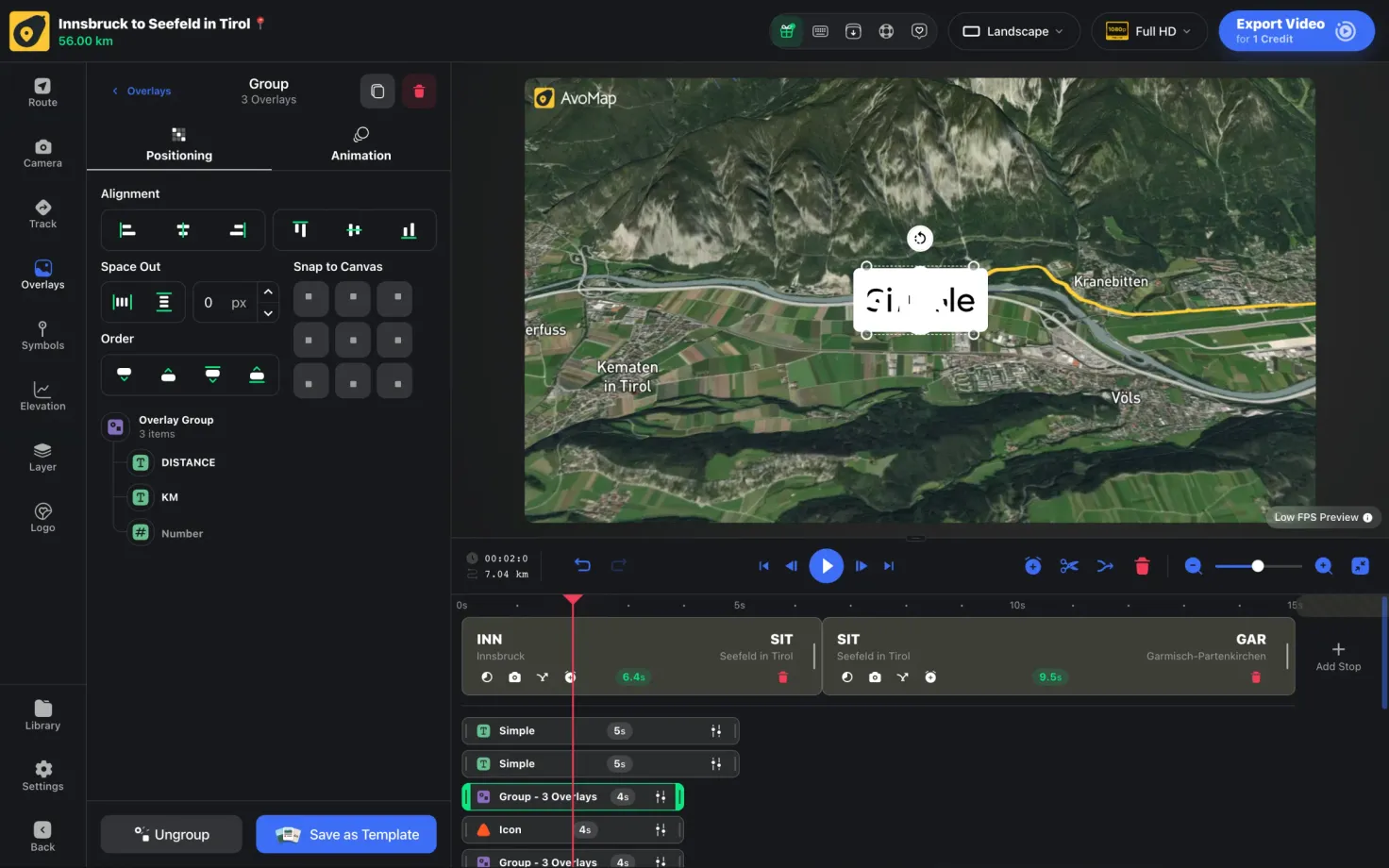 A group of three overlays open in the editor, with alignment, spacing and order controls, the three items listed, and Ungroup and Save as Template at the bottom