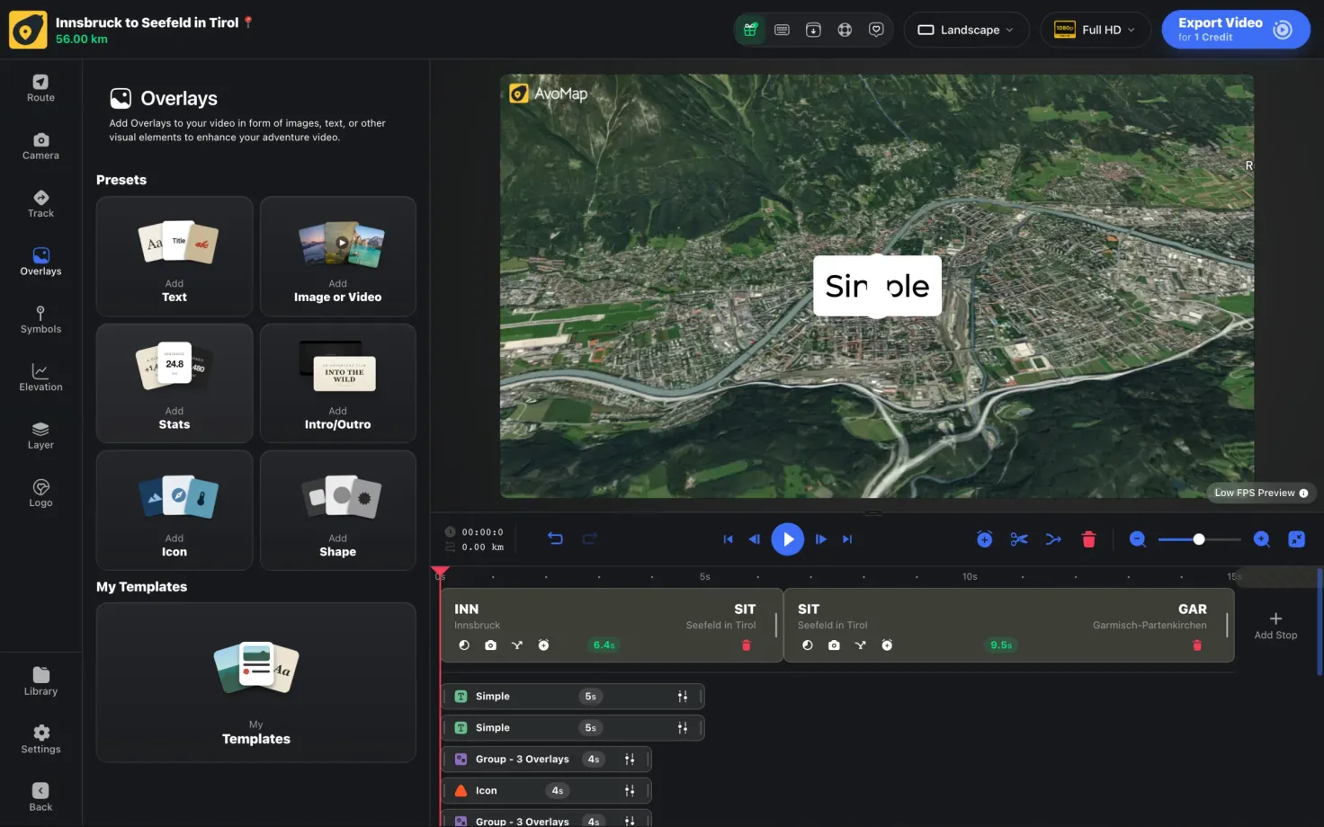 The Overlays tab — a text overlay on the map preview, with the text, stats group and icon blocks laid out on the timeline below