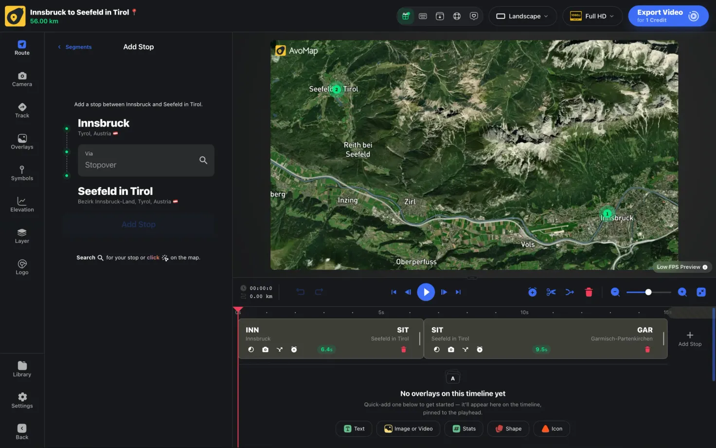 The Add Stop card, with Innsbruck and Seefeld in Tirol fixed at either end and a search box for the stop that goes between them
