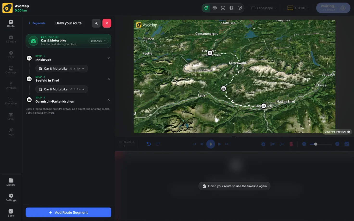 Three stops in the drawing view — Innsbruck, Seefeld in Tirol and Garmisch-Partenkirchen — with a leg pill between each pair showing the routing and the distance