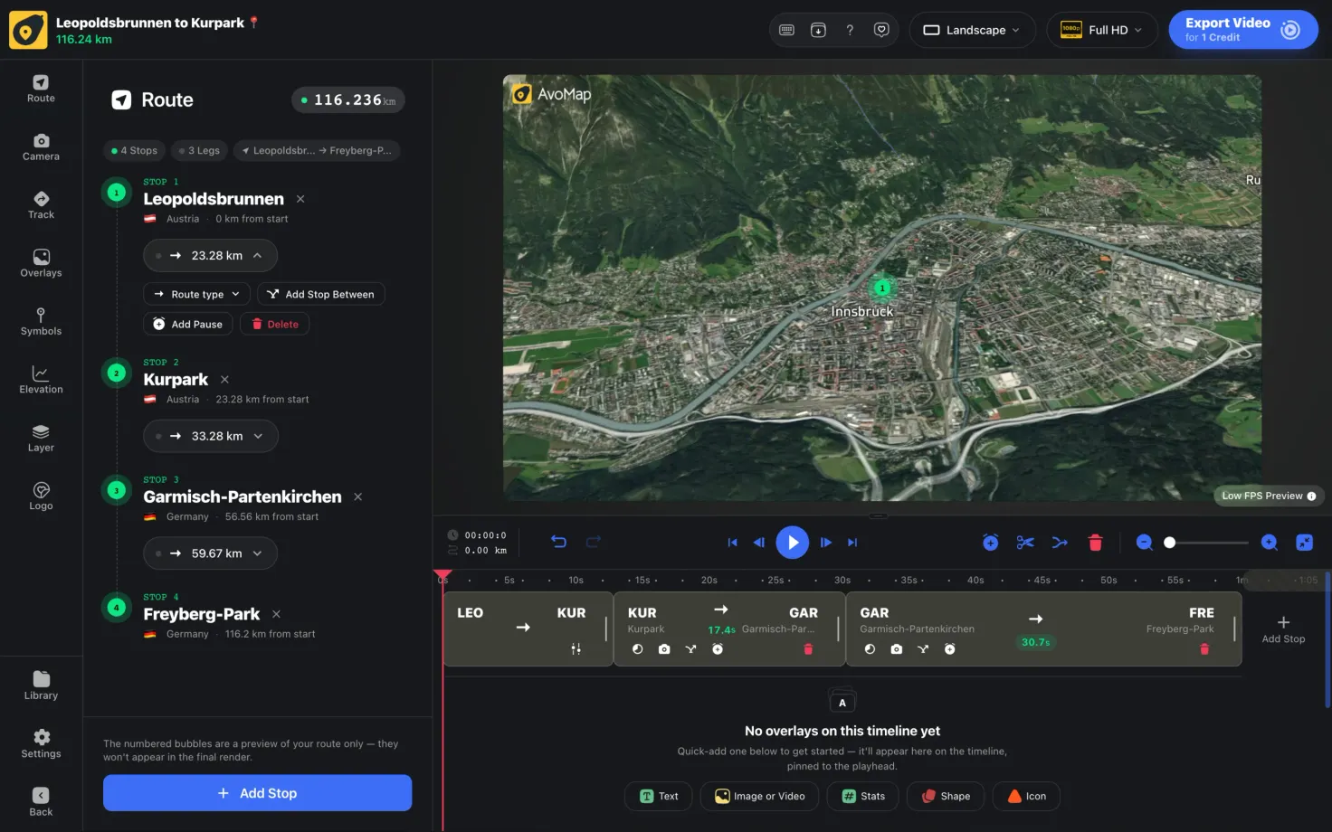 The editor after importing a Google Maps route through the Alps: four stops and three legs in the Route tab, and three segments side by side on the timeline, one per leg