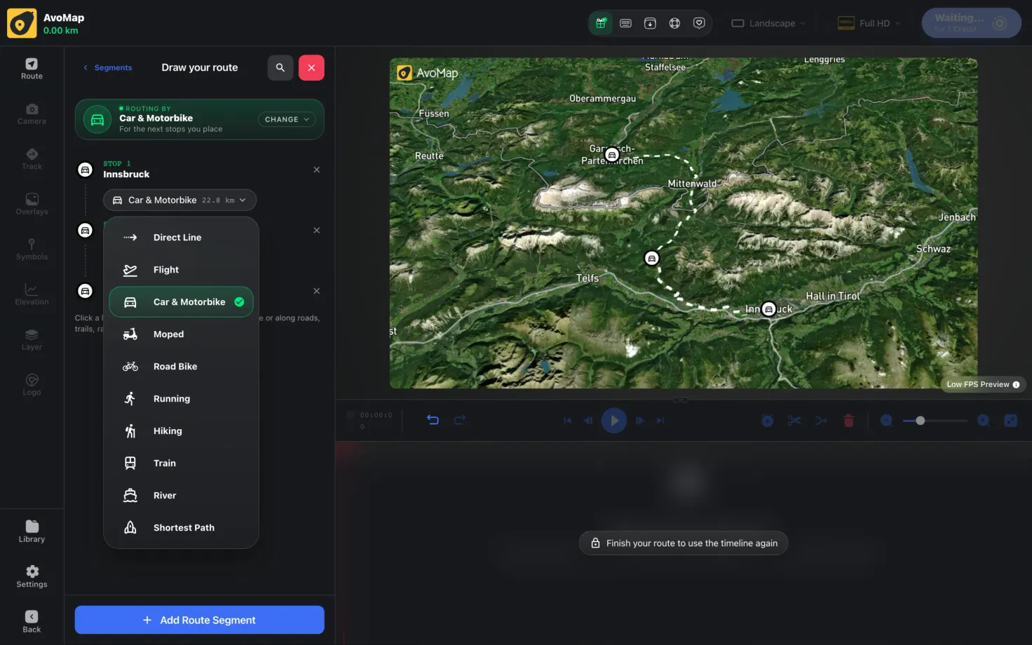 The routing menu open on a leg, listing direct line, flight, car and motorbike, moped, road bike, running, hiking, train, river and shortest path