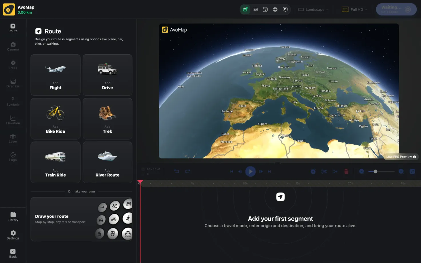The Route tab, with a travel mode for each new segment — flight, drive, bike ride, trek, train ride or river route — and Draw your route underneath for building the whole trip stop by stop