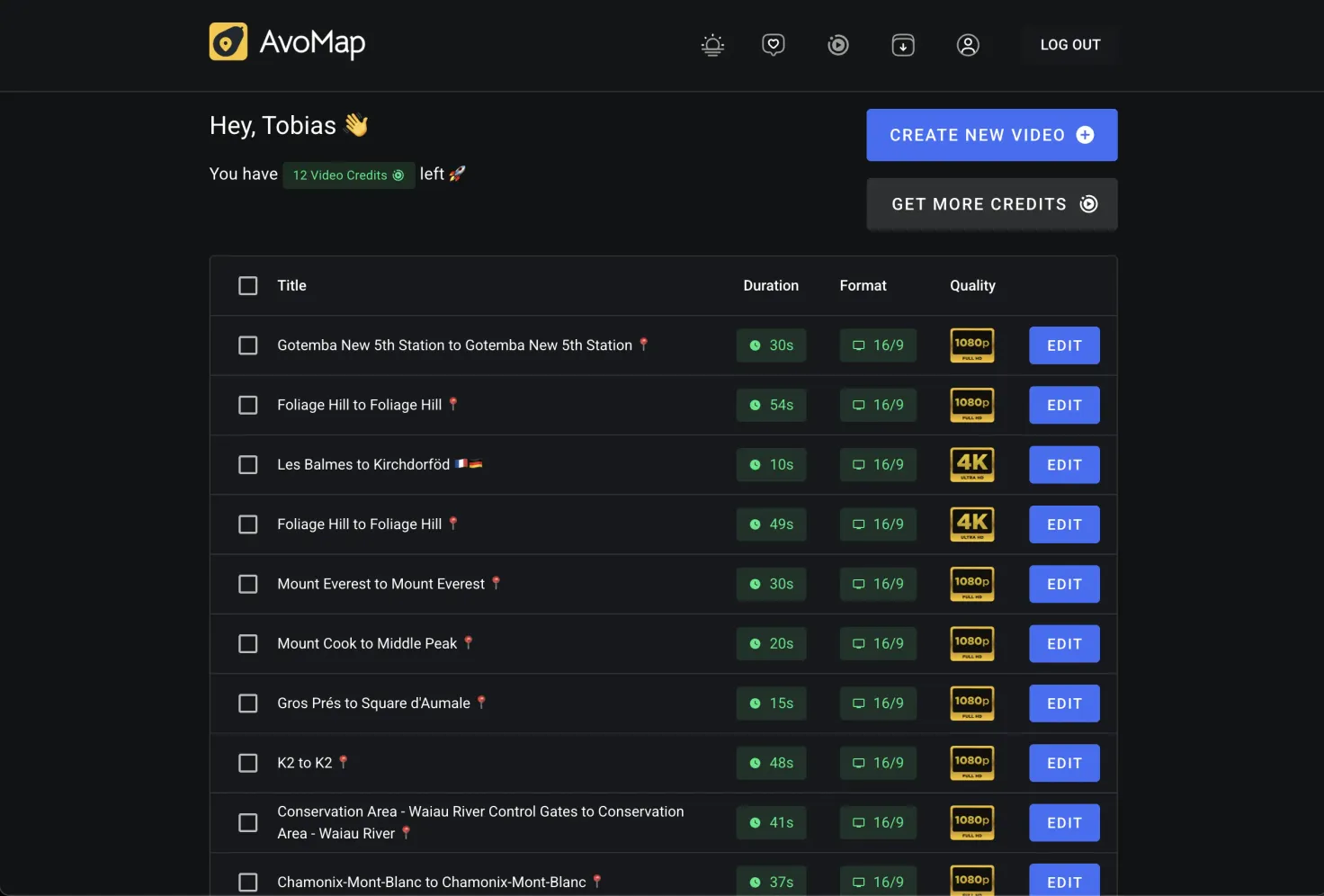 The AvoMap home screen listing your saved videos alongside a button to create a new one